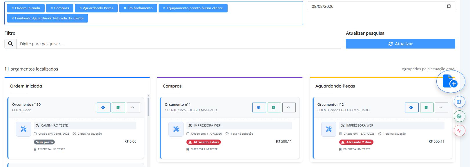 Dashboard do sistema